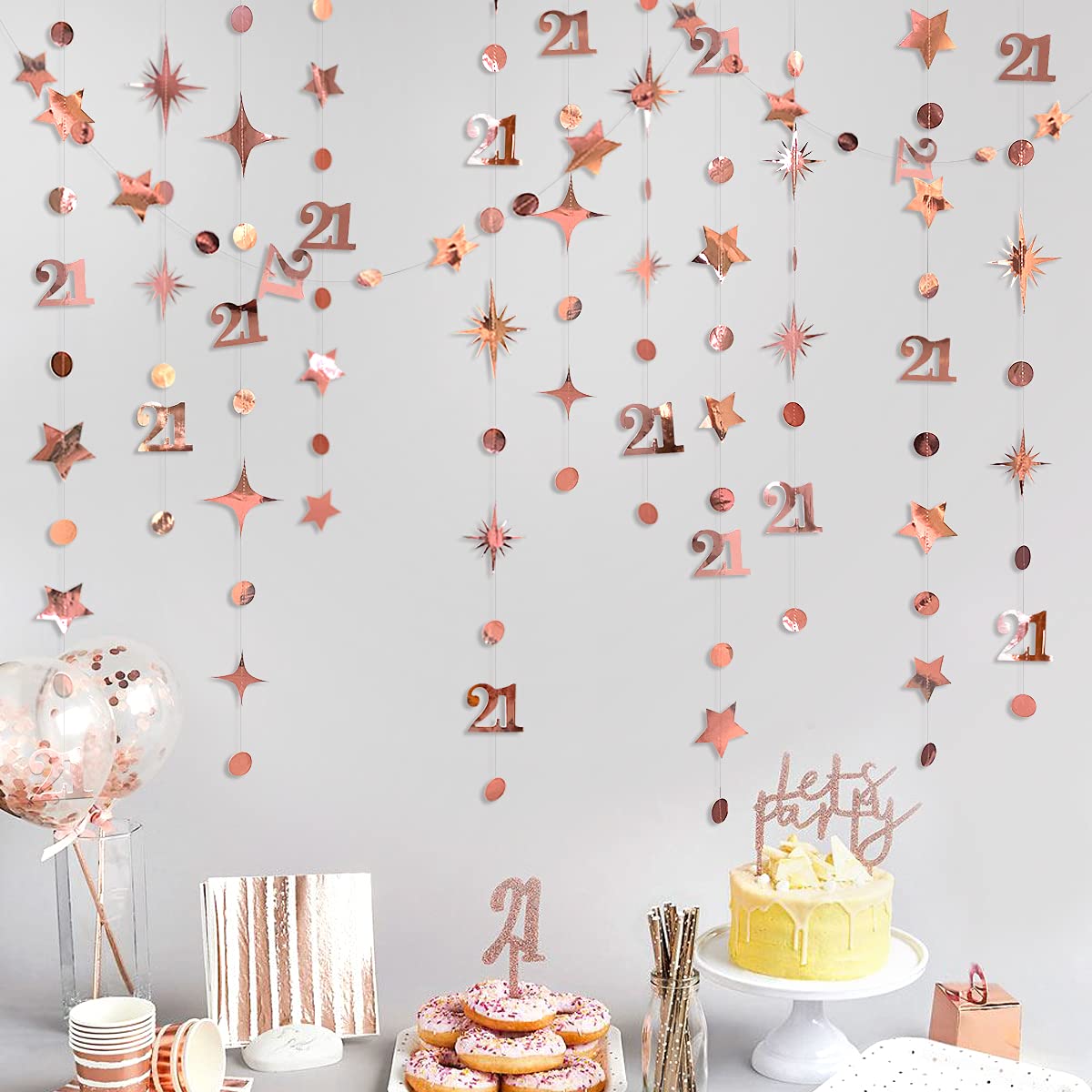 Rose Gold Number 21 Anniversary Party Supplies Circle Dot Twinkle Star Garlands Hanging Decoration for Girls 21st Birthday Party