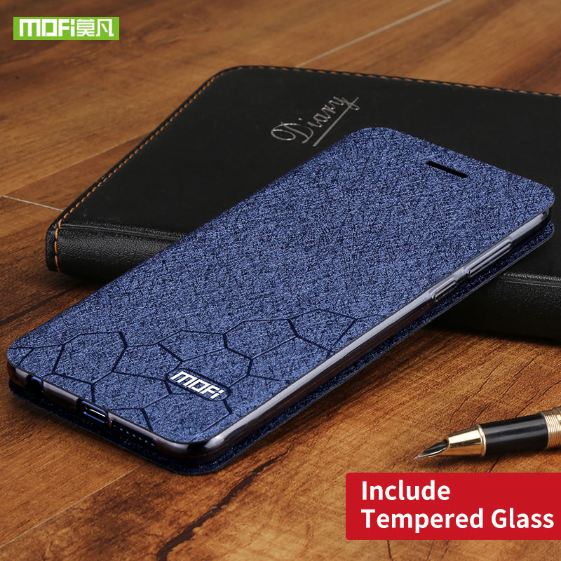 Coque à rabat en cuir et Silicone pour Xiaomi Mi MAX3, étui Original résistant aux chocs, style business, Mofi 360: blue with glass