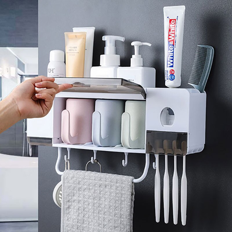 GESEW Multifunction Toothbrush Holder Wall Mounted Storage Rack Automatic Toothpaste Squeezer Dispenser Bathroom Accessories