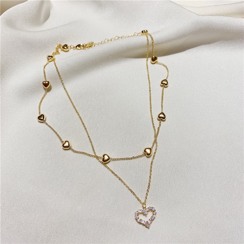 Dobbeltlags kæde hjerte choker halskæde til kvinder guld kæde koreansk stil krave kvinde chocker smykker