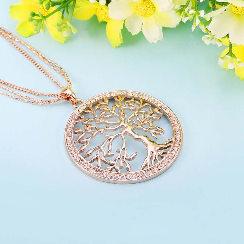 Tree of life Crystal Big Pendant Necklace Women 3 Colors Long Sweater Chains Necklace Jewelry