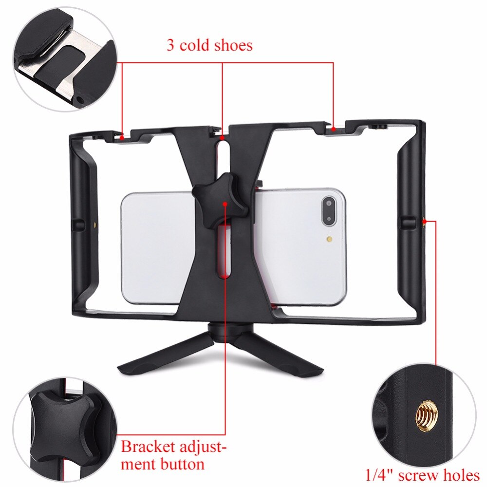 Dual Hanlde Adjustable Handheld Phone Stabilizer Smartphone Video Rig Filmmaking Case with 1/4" Screw Cold Shoe Mount Tripod