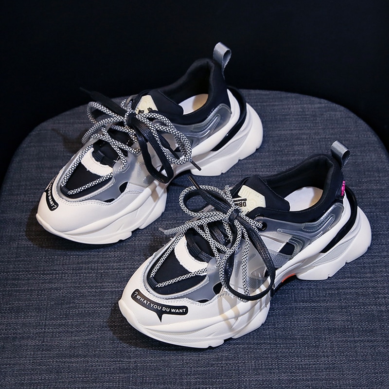 Ins sneakers kvinner trendy chunky dad sko lisser platåsko farge matchende cross-bundne joggesko tenis chaussures 35-43