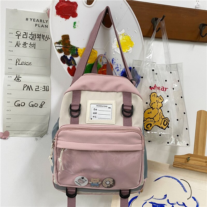 DCIMOR Waterproof Nylon Multifunction Women Backpack Female Lovely Transparent Pocket Travel Bag Small Schoolbag for Girls: pink / only backpack