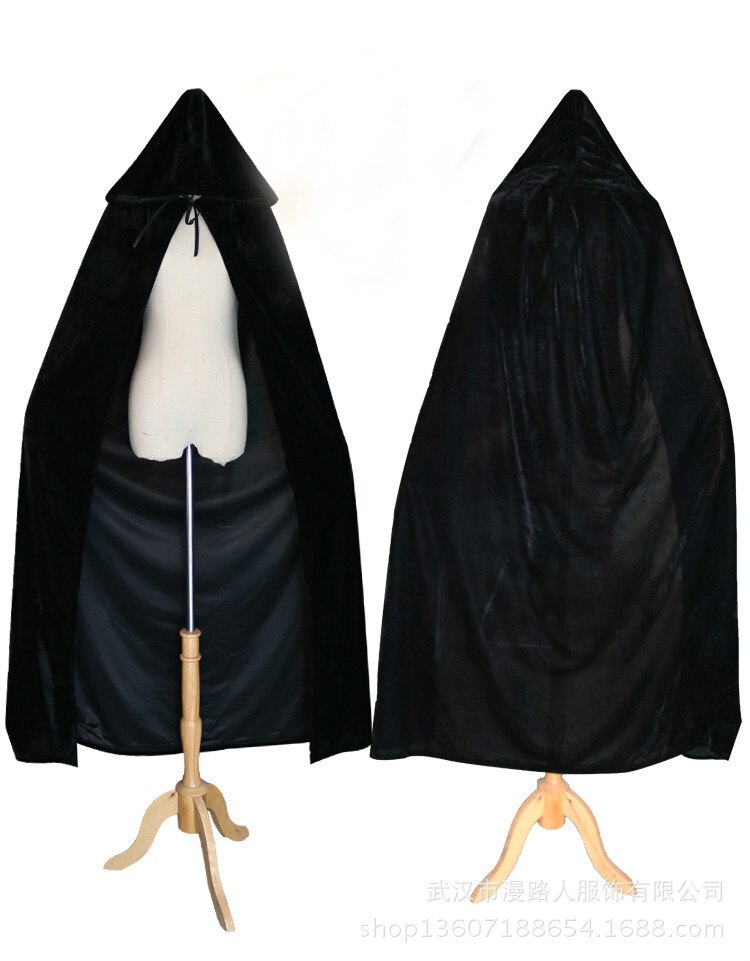 Halloween Vampire Ghost Witchcraft Velvet Cloak Cape Death Long Robe Gothic Hooded Medieval Renaissance Cloak Costume Accessory: black / S