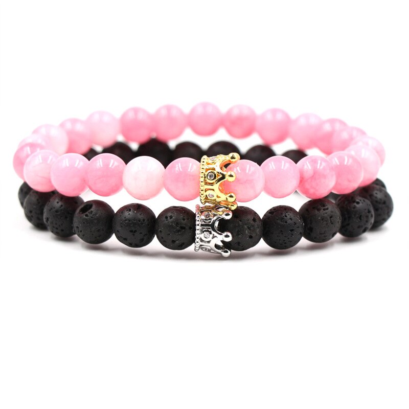 8mm 2 stk/sæt par mikro indsat zirkon krone armbånd klassisk natursten elastisk kvinder charm perler armbånd til mænd smykker: Farve 6
