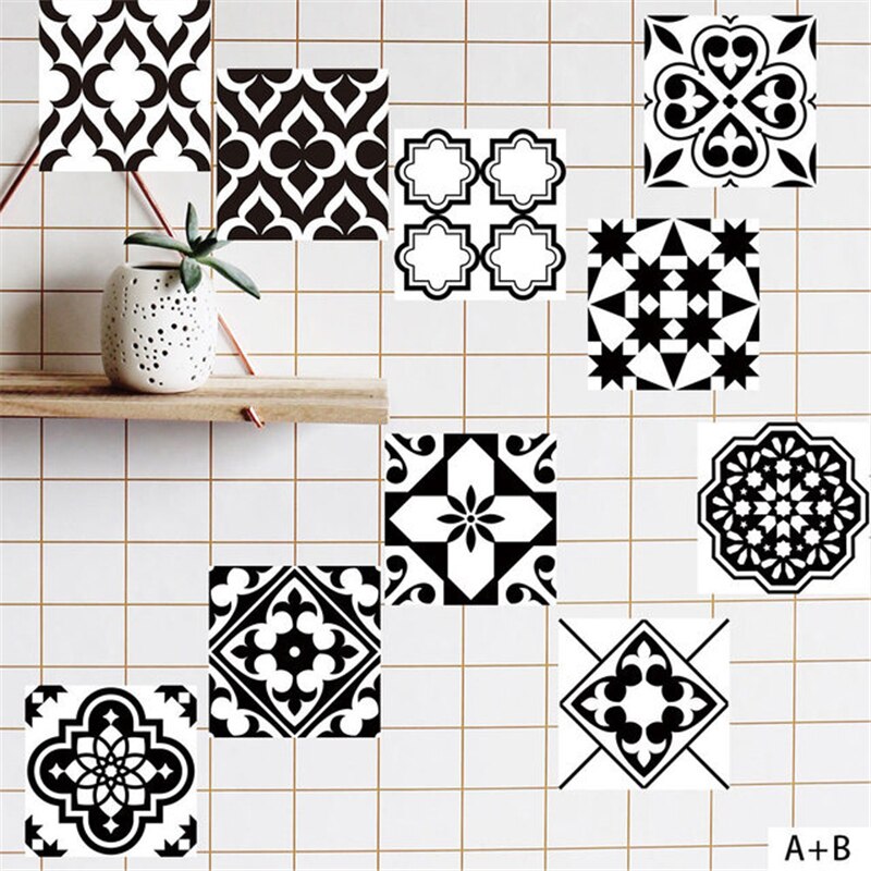 Waterproof Retro Black and White Tile Stickers Bathroom Kitchen DIY Stitching Stickers Moisture-proof Wall Stickers