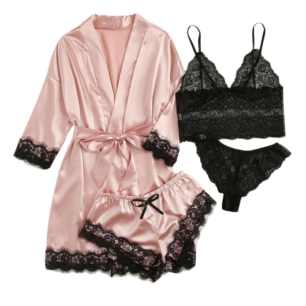 4pc Women Black Lace Satin Bra Camisole Panties Pink Shorts Robe Pajamas Sleepwear Bandage Lingerie Set Nightwear #T2G: L