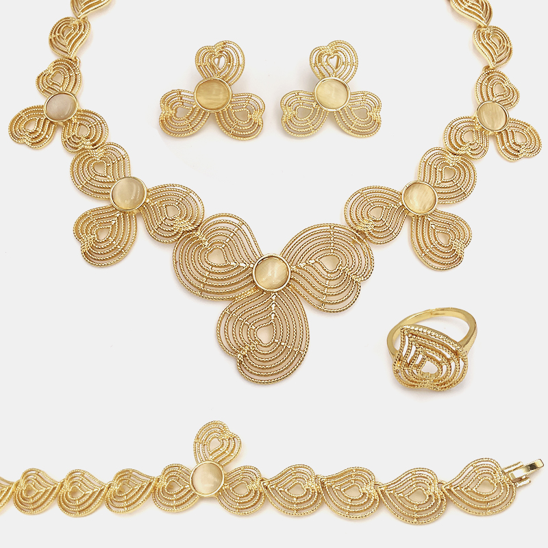 Afrikaanse Dames Goud Kleur Sieraden Set Elegance Opal Ketting Armband Oorbellen Geschikt Voor Diner En Bruiloft Dragen