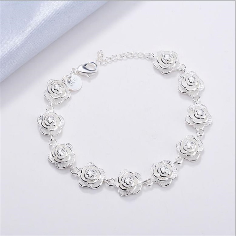 Pulseras de flores de rosa para mujer, joyería de plata de ley 925, mujer Navidad