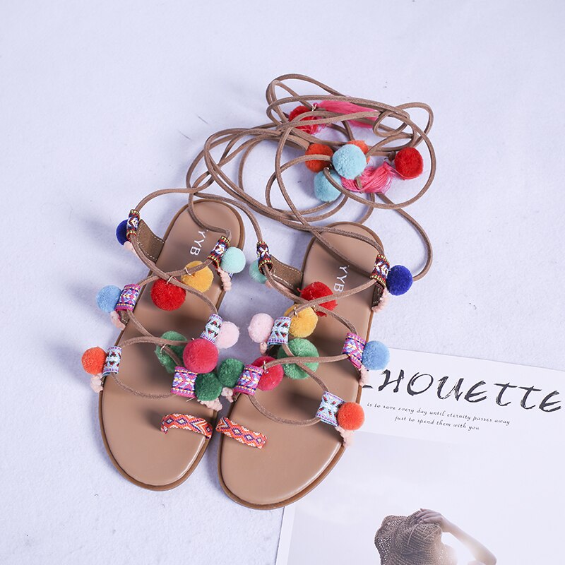 Summer Bohemian Lace-up Sandals Women Style Sweet Colour Fuzzy Ball Flat Cross-tied Shoes Mixed Colors Ankle-strap Sandals