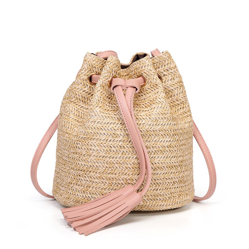 Feminino cor sólida de alta capacidade tecer borlas ombro balde mensageiro bolsa crossbody bolsas femininas sac principal femme #35: Pink 