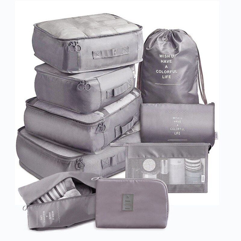 9-piece Suitcase Organize Storage Bag Portable Cosmetic Bag Clothes Underwear Shoes Packing Set Travel accessories: Gray