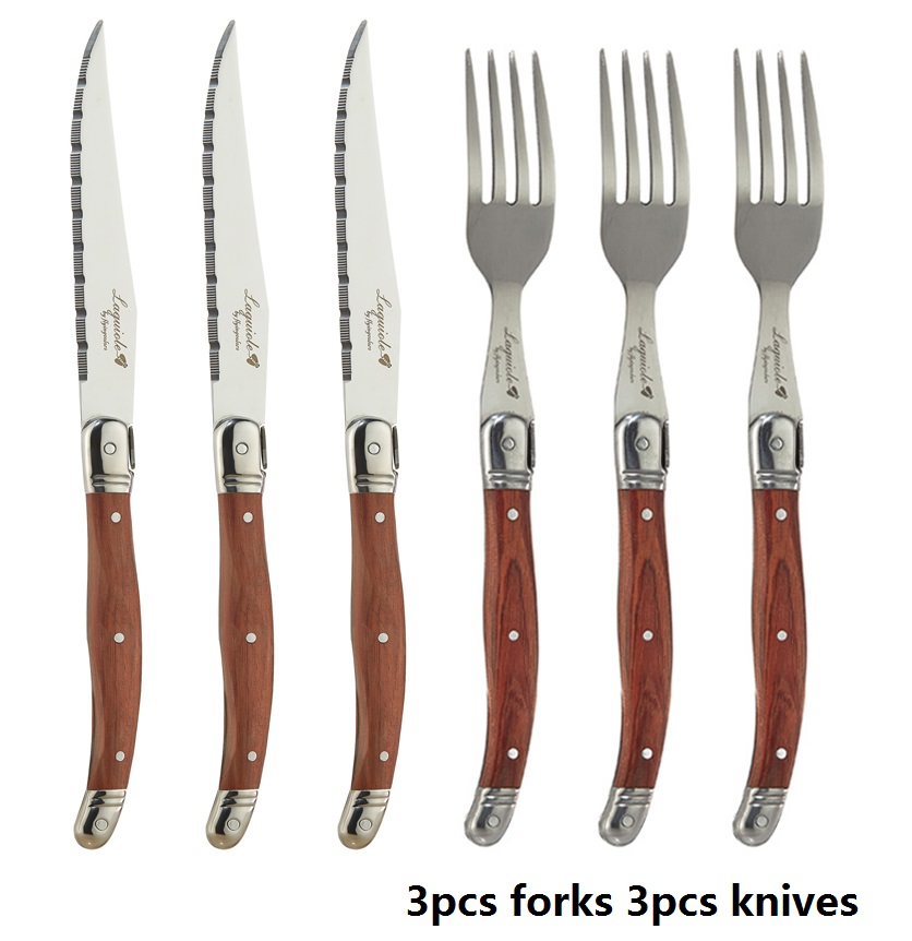 6Pcs Laguiole Steak Messen Vork Set Rvs Japanse Bestek Hout Diner Mes En Vorken Houten Handvat Servies Sets: 3pc Fork 3pc Knives