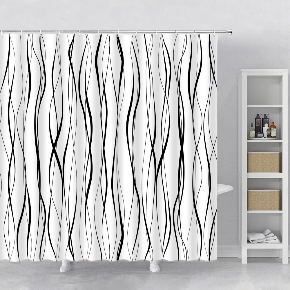 Geometrische Golvende Lijn Douchegordijn Modern Minimalistisch Interieur Polyester Stof Badgordijn Machine Wasbare Haak Voor Badkamer: 200*230cm / Clear
