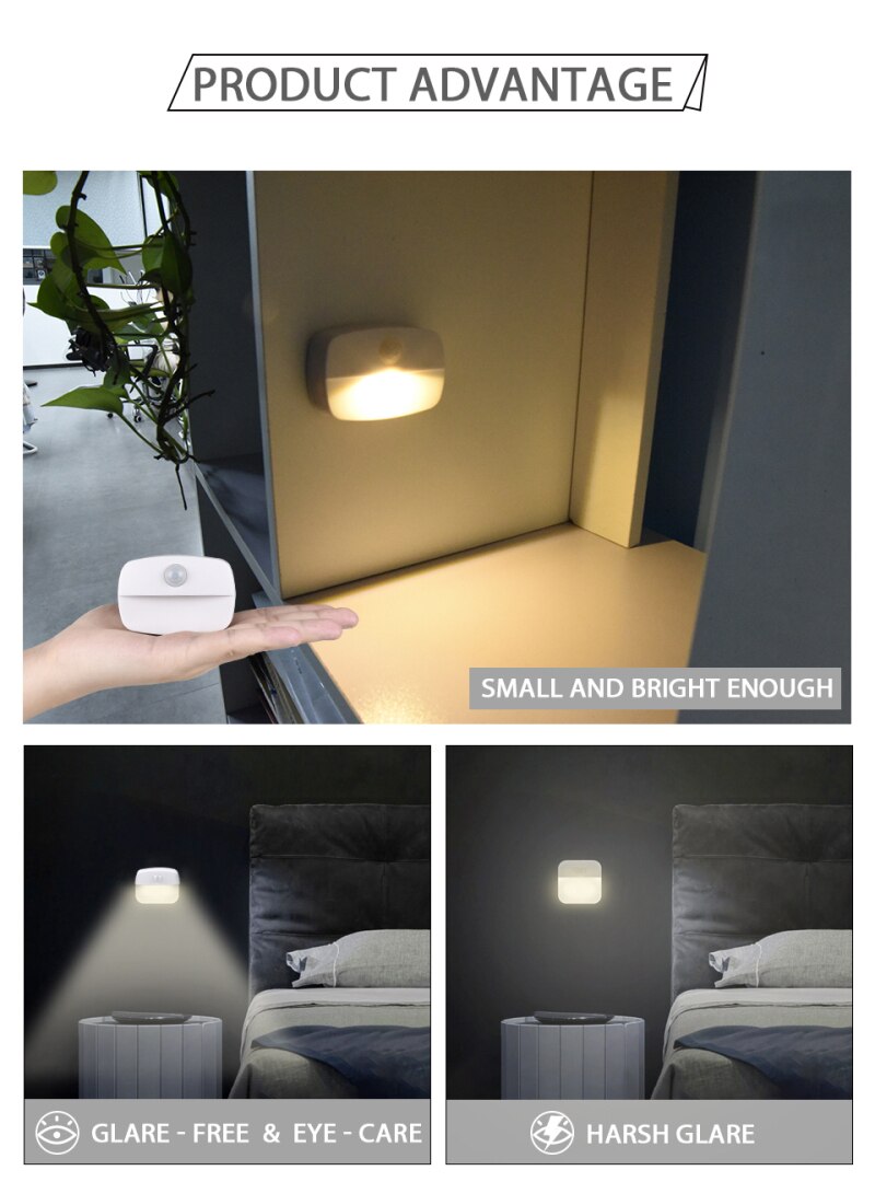 PIR Motion Auto Sensor LED Night Lights Sensor Night Light Kitchen Bedroom Wireless Hallway Closet Stair Room Lamps