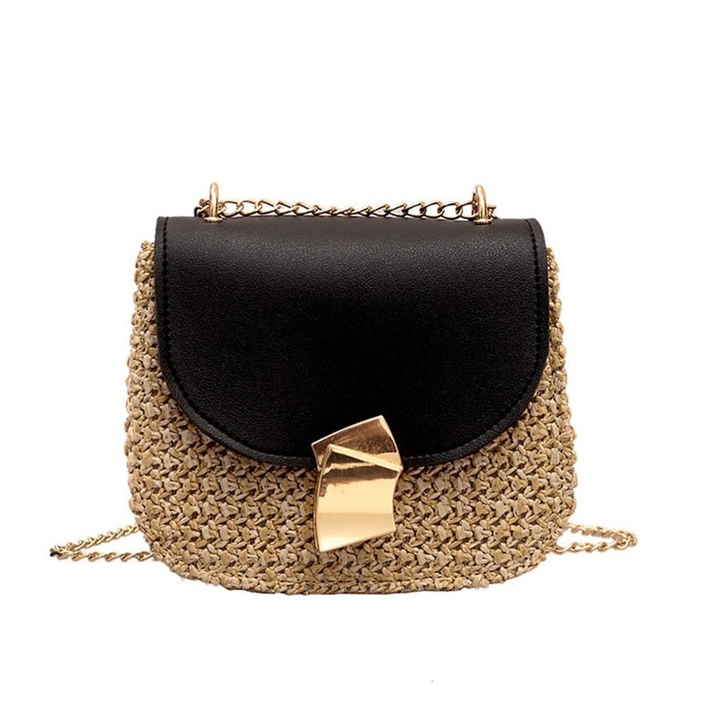 Vrouwen Messenger Bag Stro Strand Geweven Rotan Tas Ketting Band Vrouwelijke Schoudertas Kleine Dames Crossbody Flap Bag Bolsa Feminina: Black