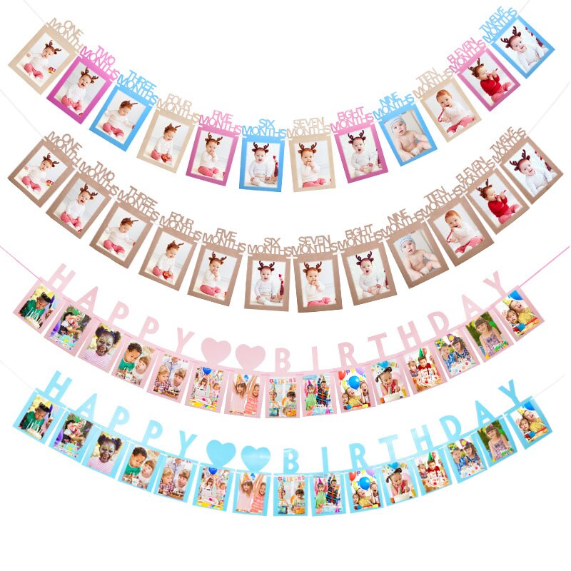 1set 12 marco de fotos de meses Banner primeros banderines con de feliz cumpleaños decoraciones para Baby Shower guirnaldas de papel cabina de fotos suministros de