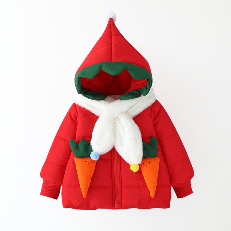 Winter Warm Baby Girls Thick Fleece Radish Hooded Snowear Parkas Overcoats Children Kids Party Outerwear Coats + Scarf casaco: Red / 12M