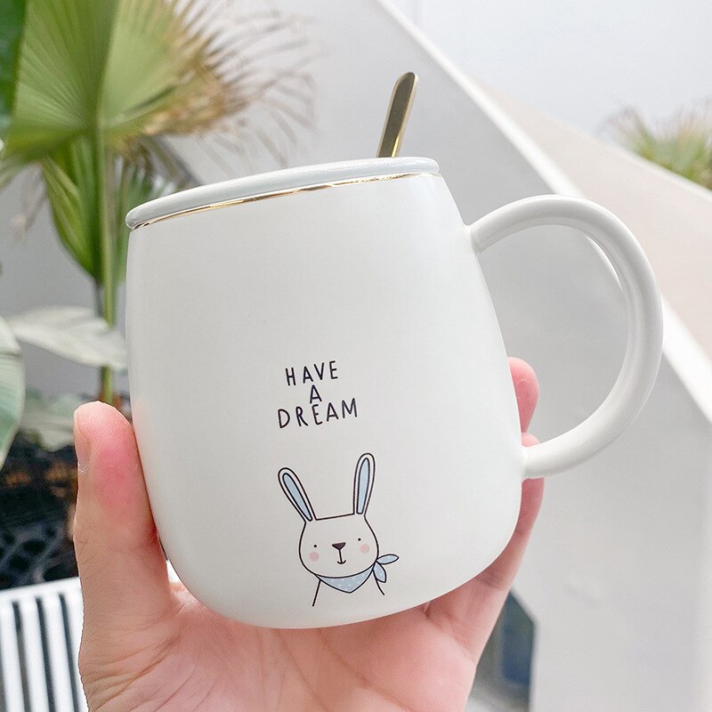 Keramiska koppar tecknad mugg par söta koppar stora tekopp muggar lock kall dryck kopp kompis glas återanvändbar familjemugg: Blå