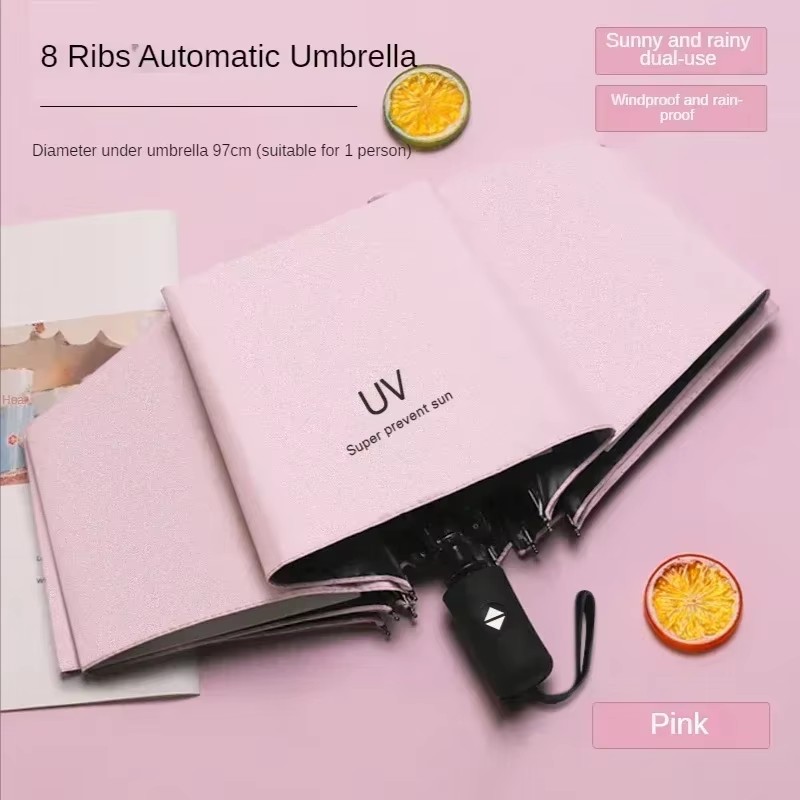 Automatischer Regen- und Sonnenschirm, schwarze Beschichtung, Sonnenschirm, Anti-UV, 3 faltbar, windbeständig, automatisch, luxuriös, groß, winddicht, für Damen und Herren, 8 Bänder: Grün