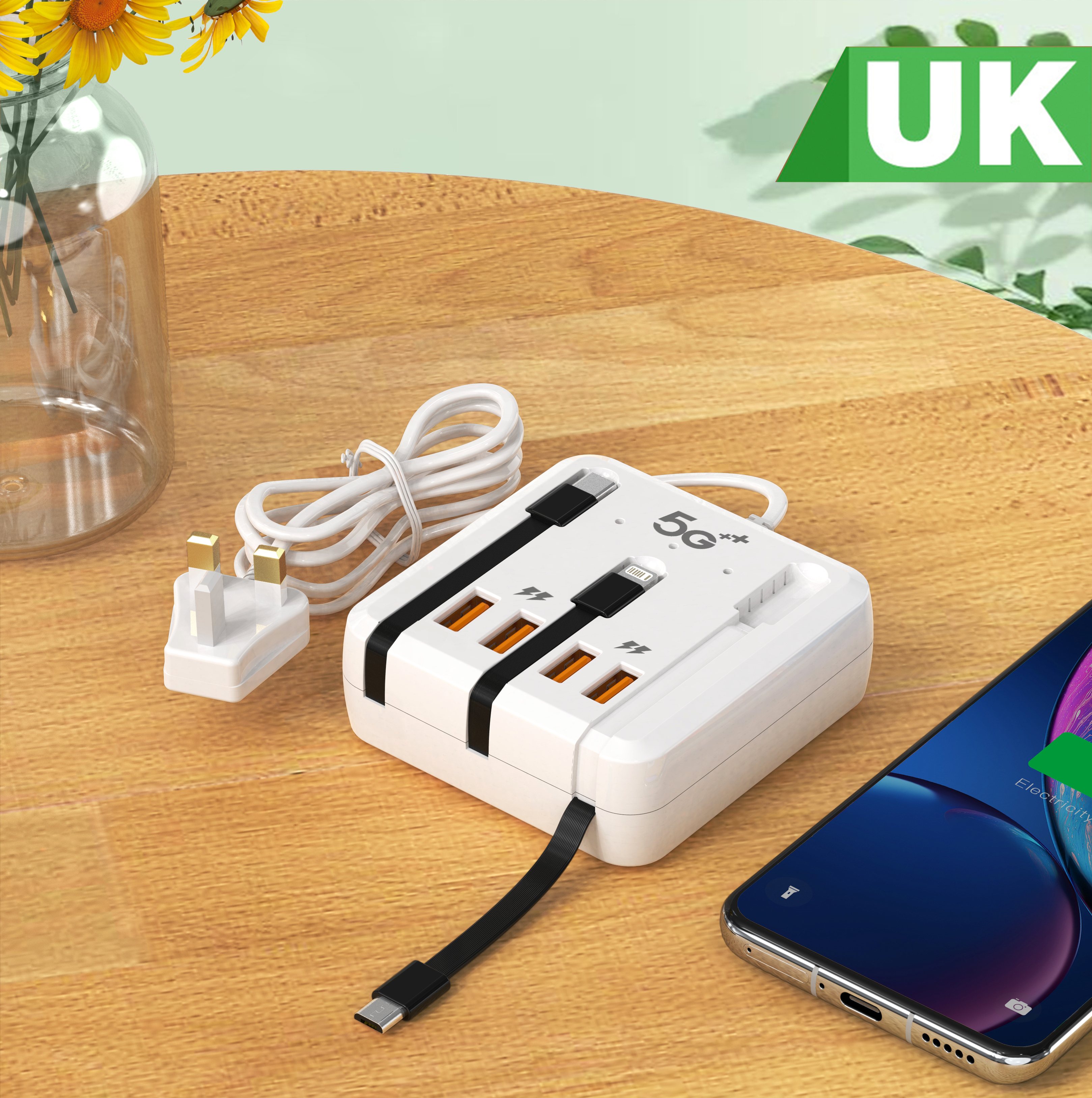 Cargador USB C PD de 4 puertos, estación de carga rápida, tira de alimentación divisora con Cables de carga, adaptador de concentrador USB tipo C, cargadores rápidos: KR