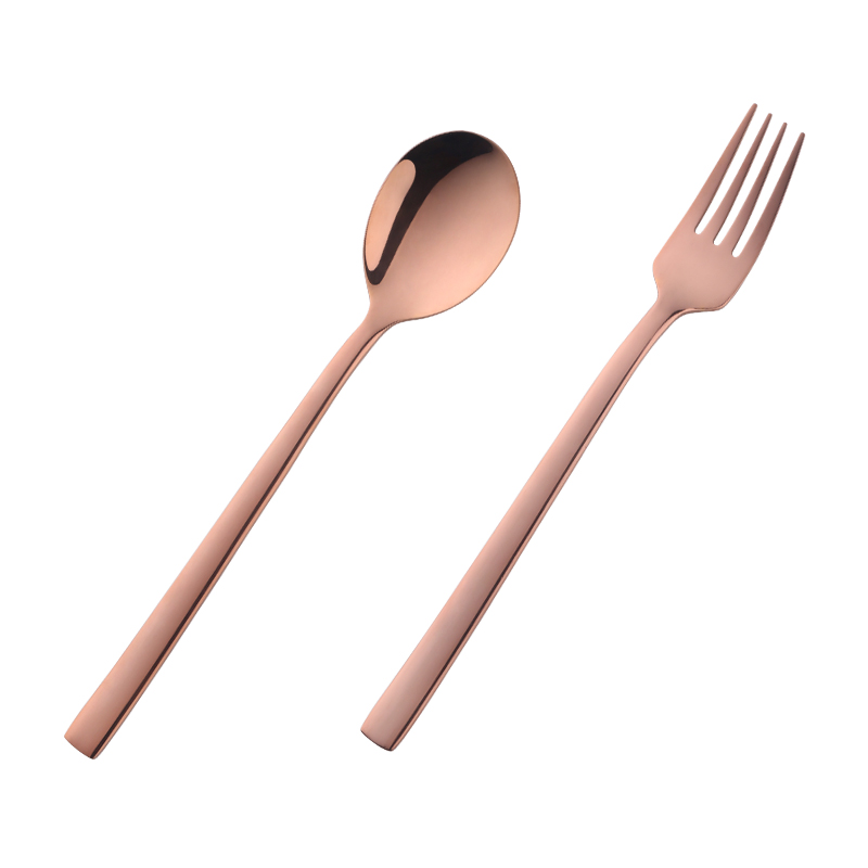 2PC Korean Spoon and Fork Set Stainless Steel Soup Spoon Blue Dinnerware With Long Handle Metal Gold Spoon And Fork: Rose gold 1 Set