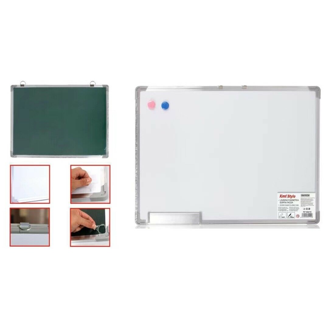 Pizarra magnética de Doble Cara Blanca y Verde Con Marco de Aluminio, Tiza y Rotulador, Con Imán, Material Escolar y de Oficina