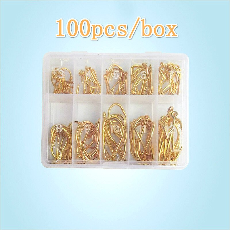 3#-12# 100 stuks/doos vishaak met hoge koolstofstaal weerhaak 10 series in vliegvissen haak worm vijver visaas houder jig gat pesca: B gouden