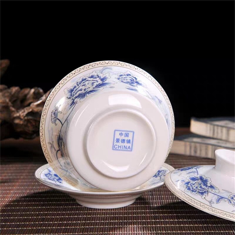 350ml Extra Big Sancai GaiWan Chinese Old Beijing Tea Bowl Jingdezhen Blue and White Porcelain Tea Cup and Saucer Set
