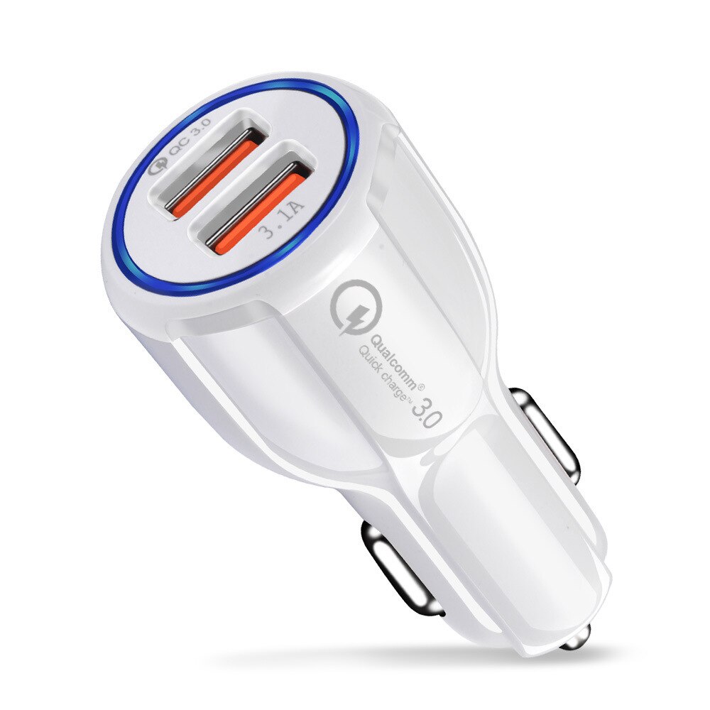 Carregador de carro útil usb carga rápida 3.0 para o telefone móvel duplo usb carregador de carro qc 3.0 adaptador de carregamento rápido mini usb carregador de carro: WHITE