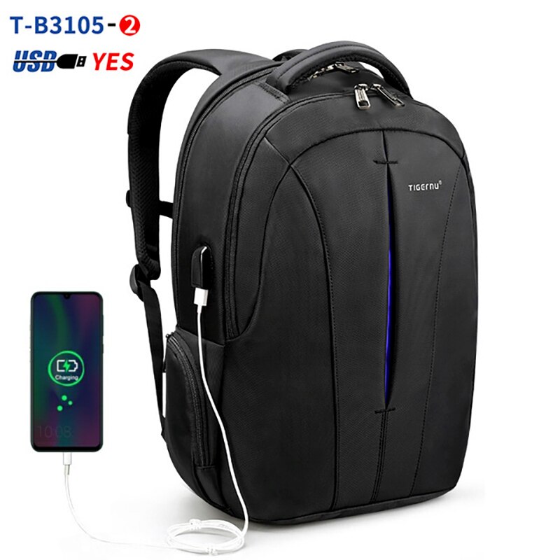 Tigernu-Mochila para portátil a prueba de agua para hombre, morral con capacidad de ordenadores de 15.6 pulgadas, sin llave, TSA, mochila antirrobo y para viajes, adecuada para adolescentes: Black Blue USB