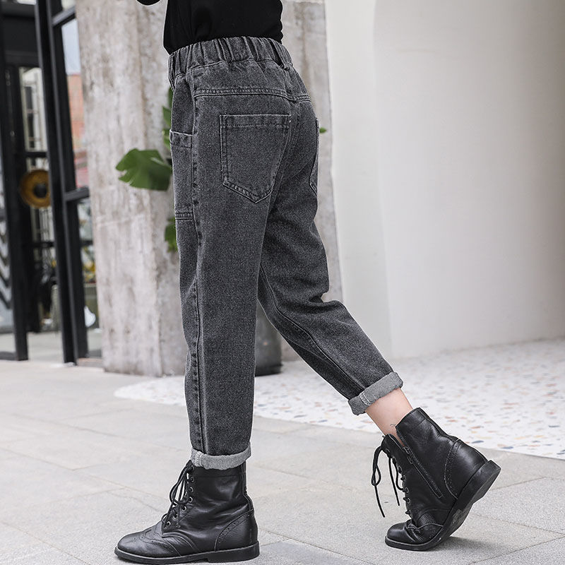 printemps automne bébé filles solide Jeans décontractés enfants à la pantalon ample taille élastique poches Patchwork pantalon Z30