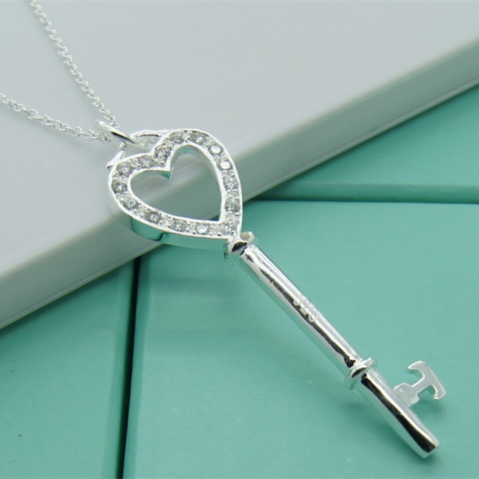 Babyllnt 925 sterling sølv krystal hjerte rund nøgle vedhæng halskæde til kvinder bryllup smykker sølv farve smykker: -en