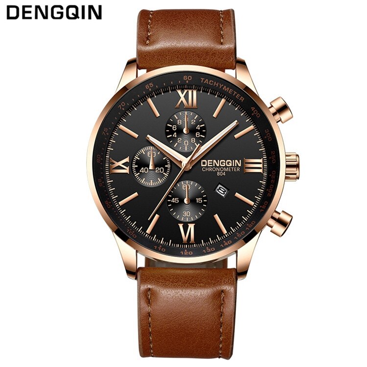 DENGQIN Quarzuhr Männer Edelstahl S Uhren oben Luxus Männlichen Uhr Geschäft Herren Armbanduhr Relogio Masculino: Leder Braun Rose
