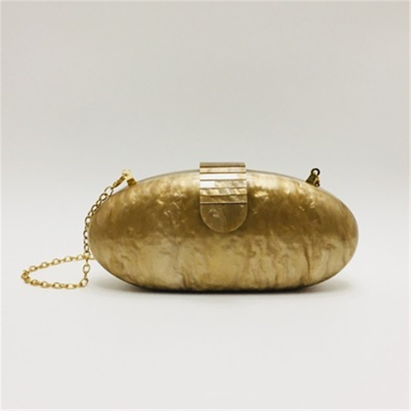 Hand Bag Womens Clutch Bag Oval Gold Evening Bags Metal Chains Acrylic
