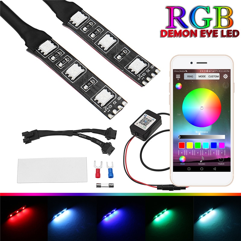 2 stk rgb cirkulær projektor led devil eye dæmon øjenlampe universal til bil projektor forlygte eftermontering app fjernbetjening