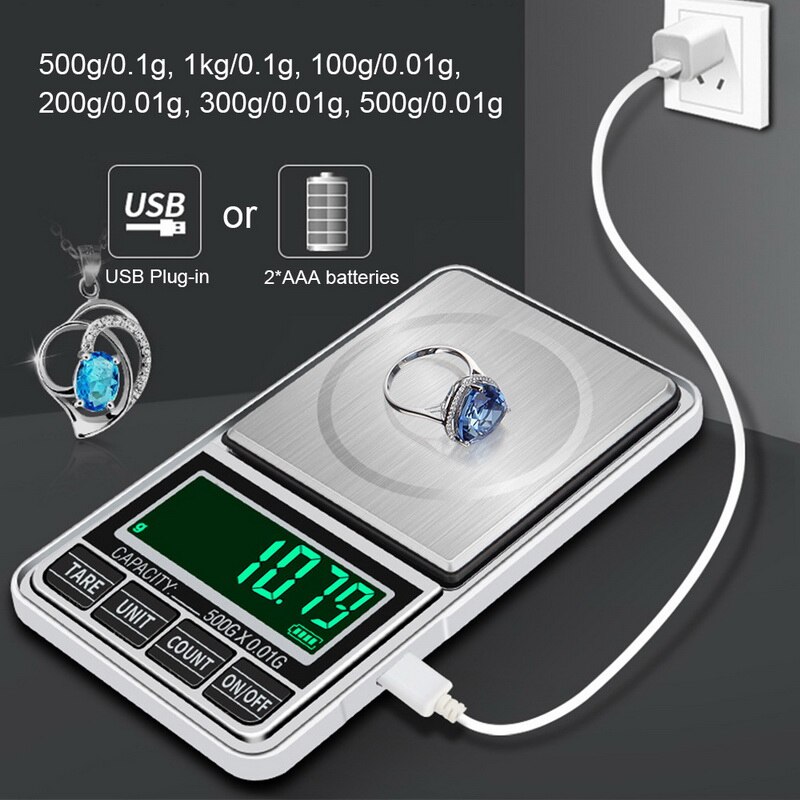 Mini Sieraden Schaal Usb Opladen Pocket Digitale Weegschaal 100G/200G/300G/500G 0.01G Precisie Elektronische Weegschaal Lcd Weegschaal