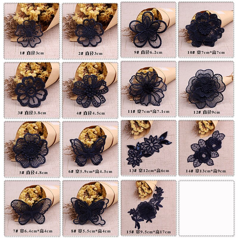 Parches bordados de encaje azul oscuro azul marino, iones para coser en ropa, apliques de mariposa y flores de Organza para ropa, pantalones vaqueros, vestido, rayas DIY