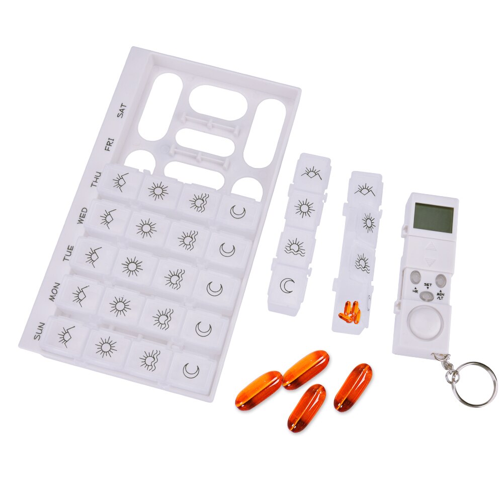 28 rutenett ukentlig 7 dager pilleboks medisin pilleetui arrangør tabletter oppbevaring pille dispenser timer påminnelse