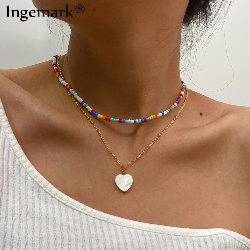 Boho Regenbogen Samen Korn Kette Halskette Sommer Strand Punk mehrschichtig Harz Weiß Farbe Liebe Herz Anhänger Halsband für Frauen Schmuck