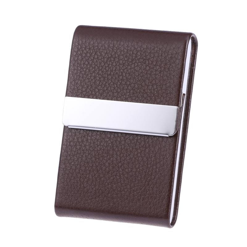 Business Card Holder - Metal PU Leather Case - Unisex Name Visit Card Organizer Box: Deep Coffee