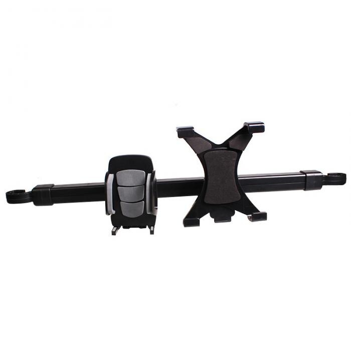 2 in 1 Premium Center Car Seat Headrest Mount Universal Hands Free Tablet + Smartphone Cradle Holder For 10 cm Phones 18 cm Pads