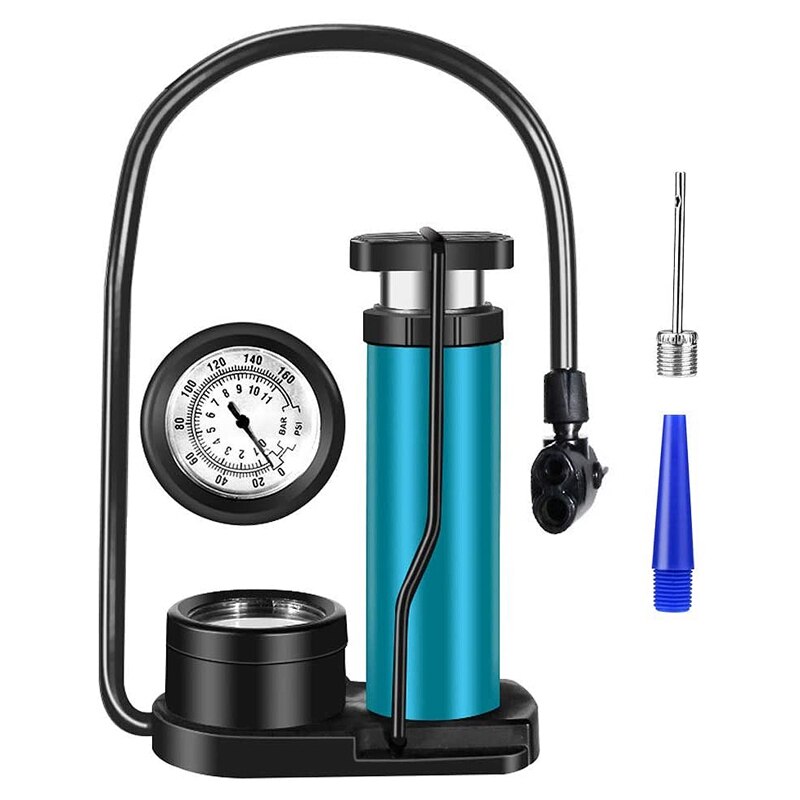Fahrrad Fuß Pumpe mit Manometer Universal Presta und Schrader Ventil Mini Fahrrad Reifen Luftpumpe mit Gas Ball Nadel, blau