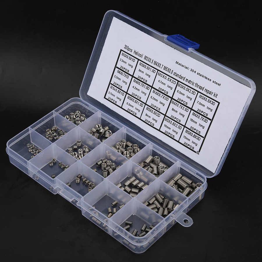 Stainless steel wire repair tool with 300Pcs threaded insert M3x0 5 M4x0 7 M5x0 8