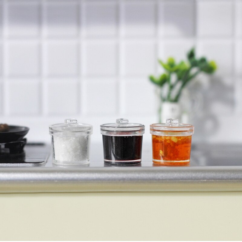 Cute mini 1/12 scale dollhouse miniature kitchen salt & soy sauce & chili oil castor pretend play doll food toy accessories