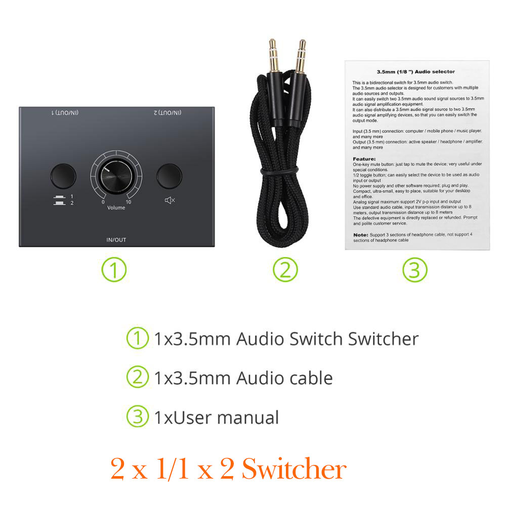 Neoteck 2 way /4 way 3.5mm audio switch switcher 2 x 1/1 x 2 or 4 x 1/1 x 4 audio switcher splitter med 3.5mm kabel för högtalare: 2 -vägs växlare