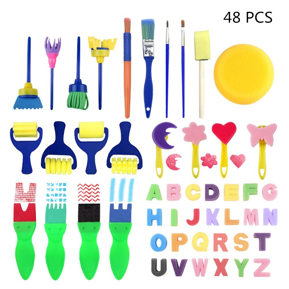 Children Painting Foam Sponge Brush Apron moulds Tools Kit Kids Early Art Education Learning Drawing Graffito Tool set: 48 pcs