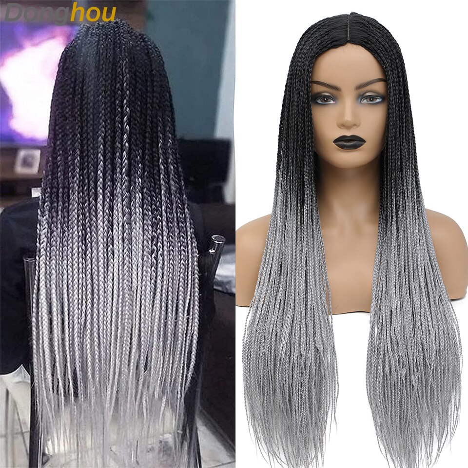 Donghou Box Braided Wigs for Black Women 26 Inch Ombre Long Micro Braids Wig Heat Resistant Fiber Small Box Braids Glueless Wig: 1B Gray Color
