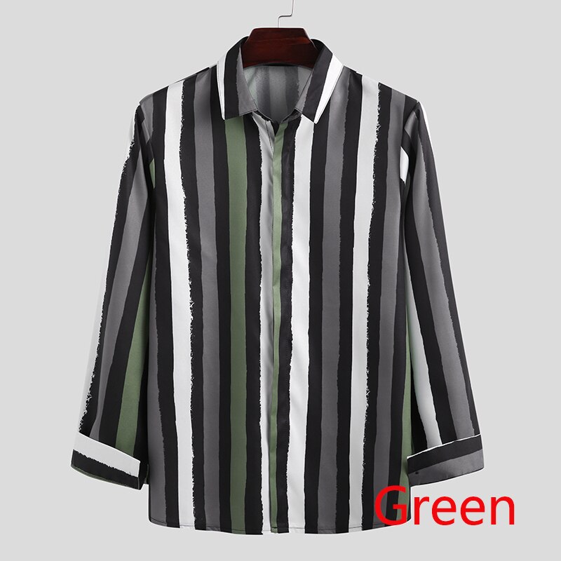 Incerun Herfst Gestreepte Shirts Heren Lange Mouwen Revers Camisa Causale Kleurrijke Knoppen Chemise Gezellige Streak Blouse Streetwear S-3XL: Green / XXL